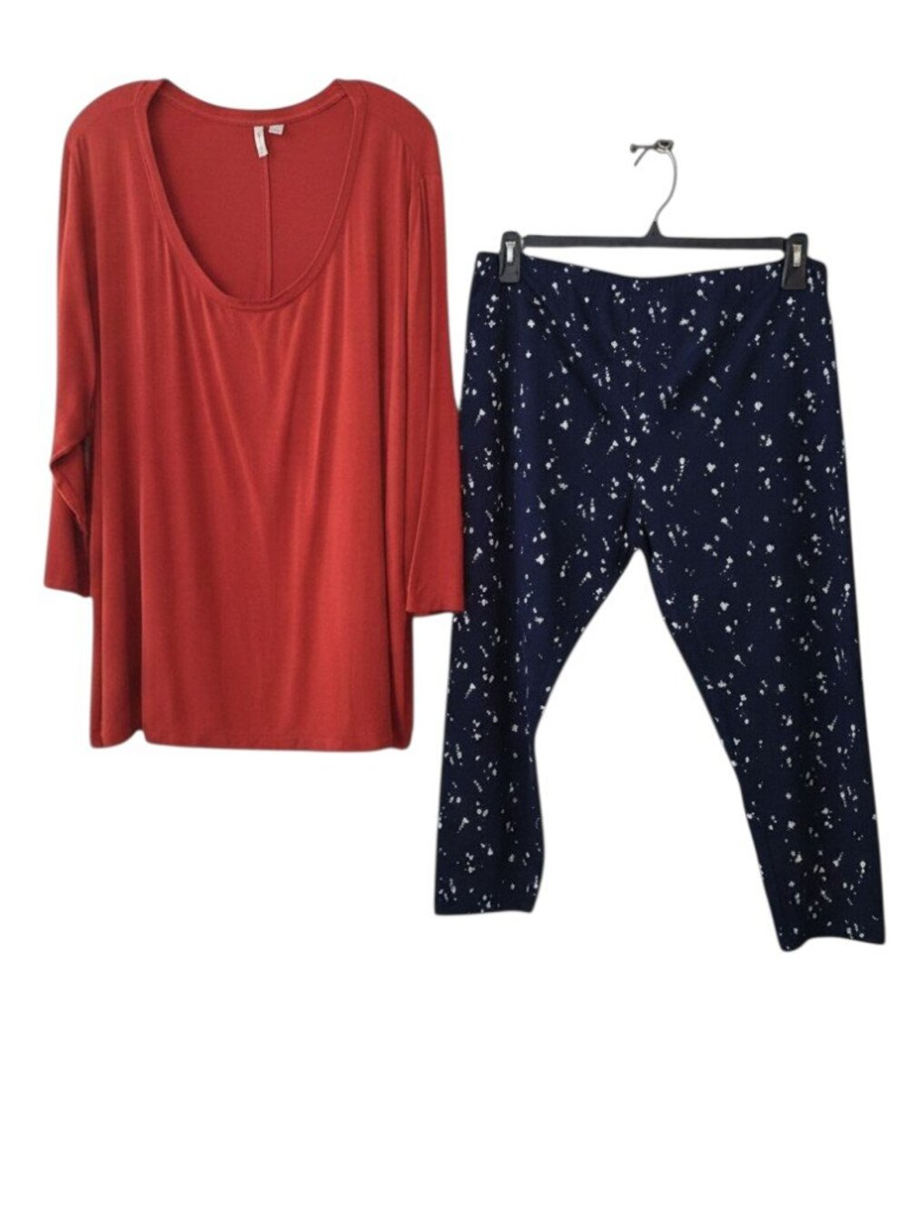 Red Cato Top with Navy & White Patterned Leggings 2x